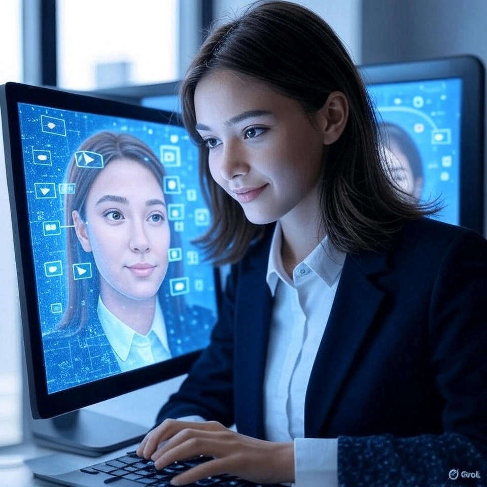 Female video editor creating realistic AI avatar presenter for business video production