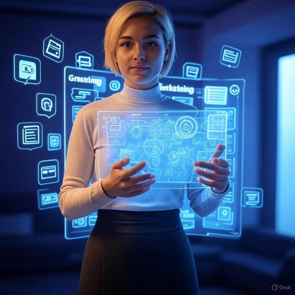 Young woman interacting with holographic ChatGPT prompt interface for content creation