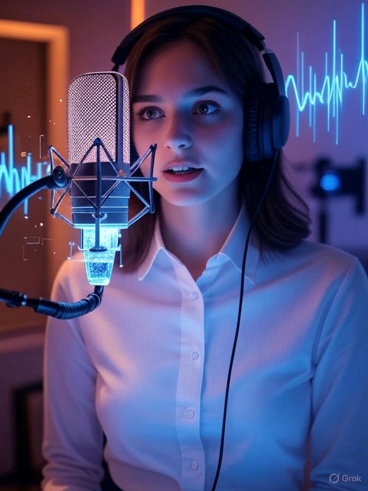 Young woman recording studio quality voiceover using AI voice generation technology