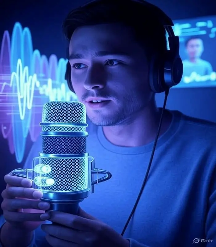 Man in headphones using professional AI voice generation software for podcasts