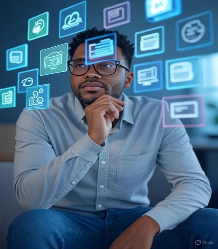 Man thinking about ChatGPT prompts with floating digital icons for marketing and coding