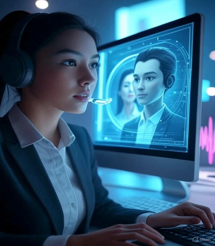 Woman creating AI avatar video presenter on a computer screen for YouTube and ads